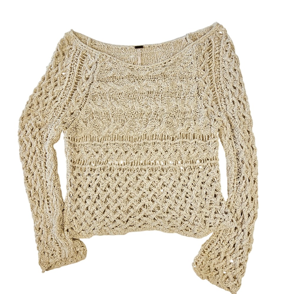 Free People Women's Medium Cream Crochet Knit Sweater Boat Neck Boho Top